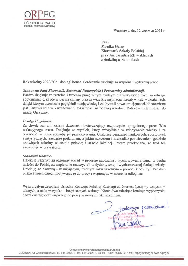 LIST PANI DYREKTOR ORPEG A.A.RADECKIEJ.