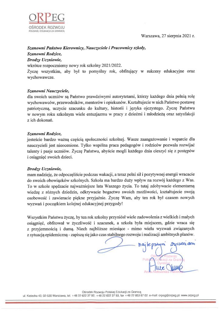 LIST Z OKAZJI ROZPOCZĘCIA ROKU SZKOLNEGO 2021/2022