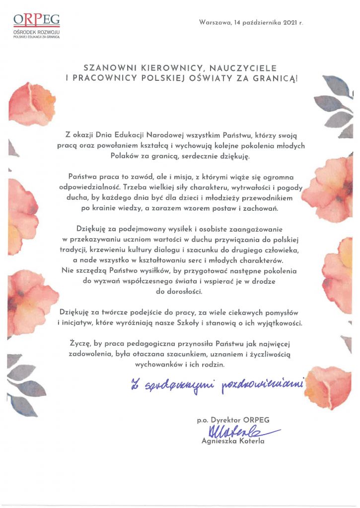 LIST Z OKAZJI DNIA EDUKACJI NARODOWEJ