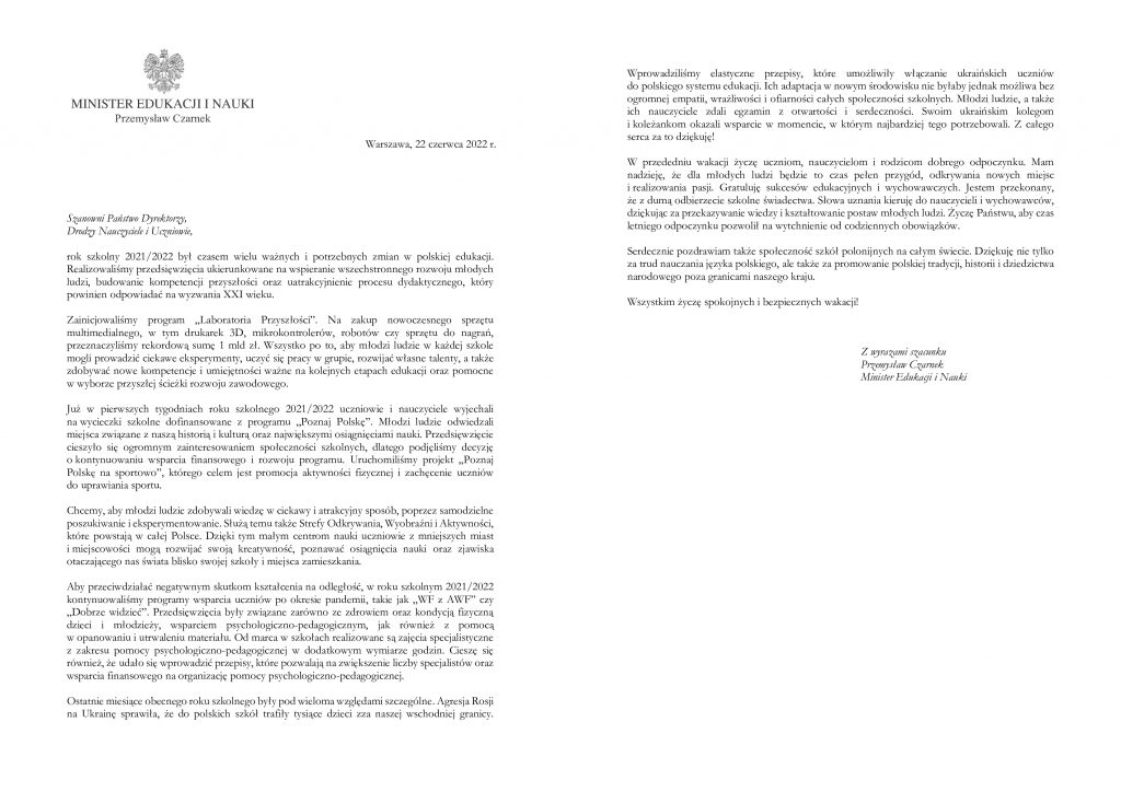 LIST MINISTRA EDUKACJI I NAUKI NA ZAKOŃCZENIE ZAJĘĆ DYDAKTYCZNO-WYCHOWAWCZYCH  W ROKU SZKOLNYM 2021/2022