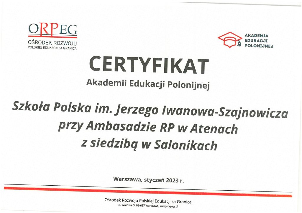 CERTYFIKAT AKADEMII EDUKACJI POLONIJNEJ