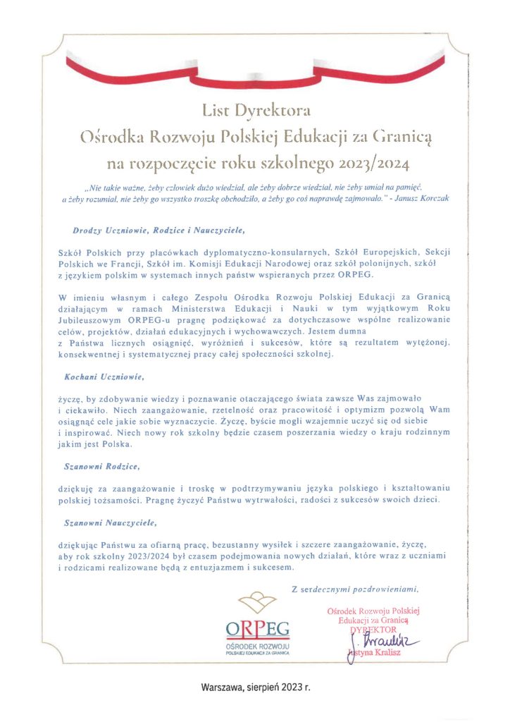 LIST DYREKTORA OŚRODKA ROZWOJU POLSKIEJ EDUKACJI ZA GRANICĄ NA ROZPOCZĘCIE ROKU SZKOLNEGO 2023/2024