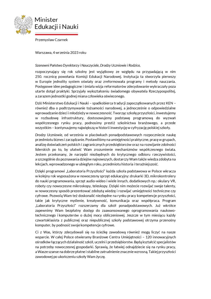 List oraz życzenia od ministra Przemysława Czarnka z okazji rozpoczęcia nowego roku szkolnego 2023/2024